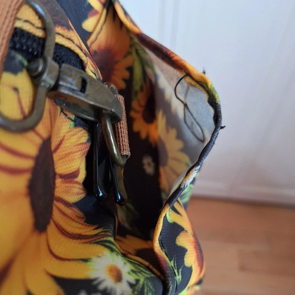 Sunflower Floral Print Crossbody Bag Black Yellow Canvas Satchel Tote Handbag